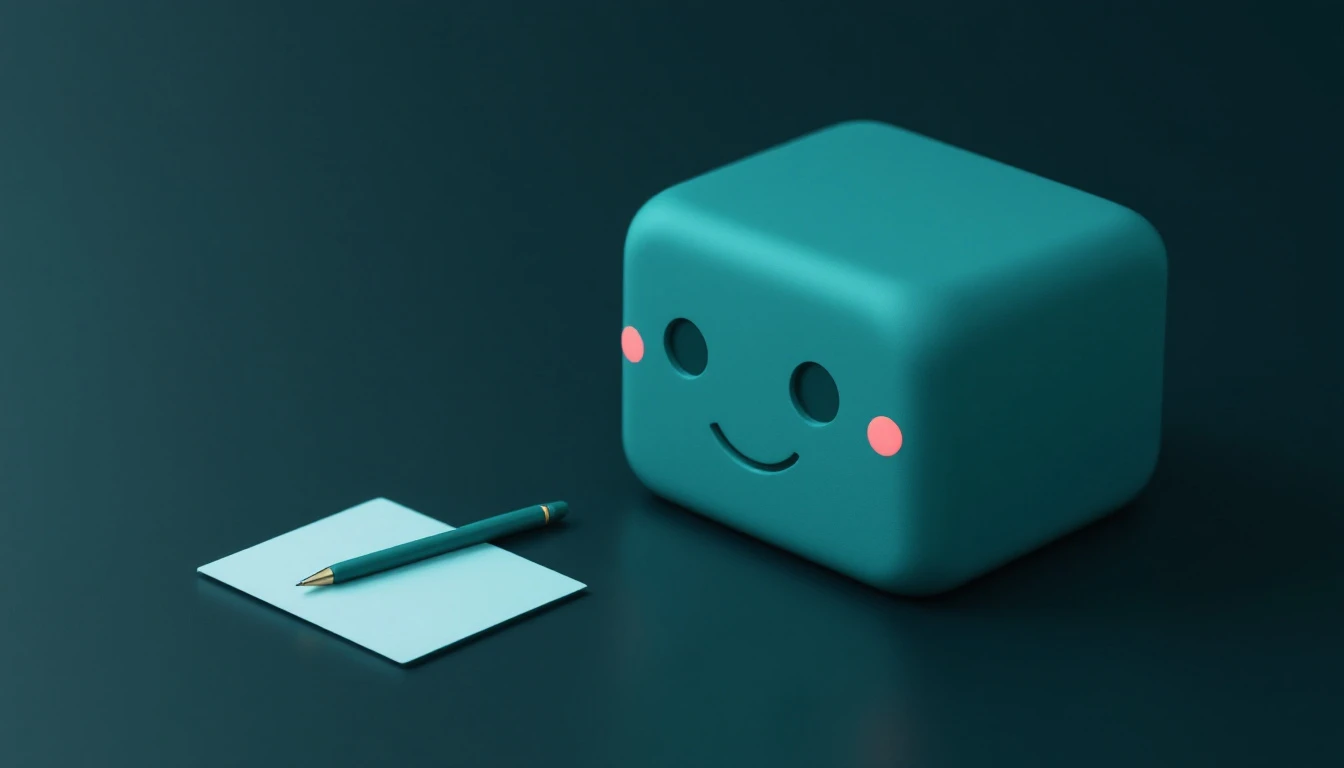 A matte AI-assistant block beside a pen and a card, in brand colours