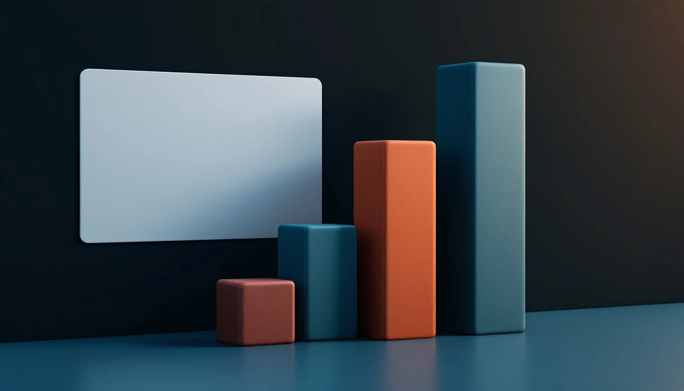 Matte rising bar-chart blocks beside a card, in brand colours