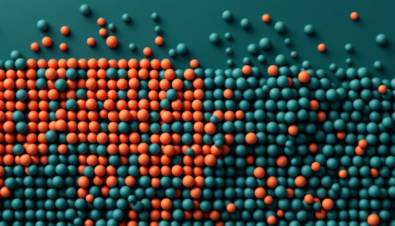 Small matte spheres sorted into distinct groups, in brand colours