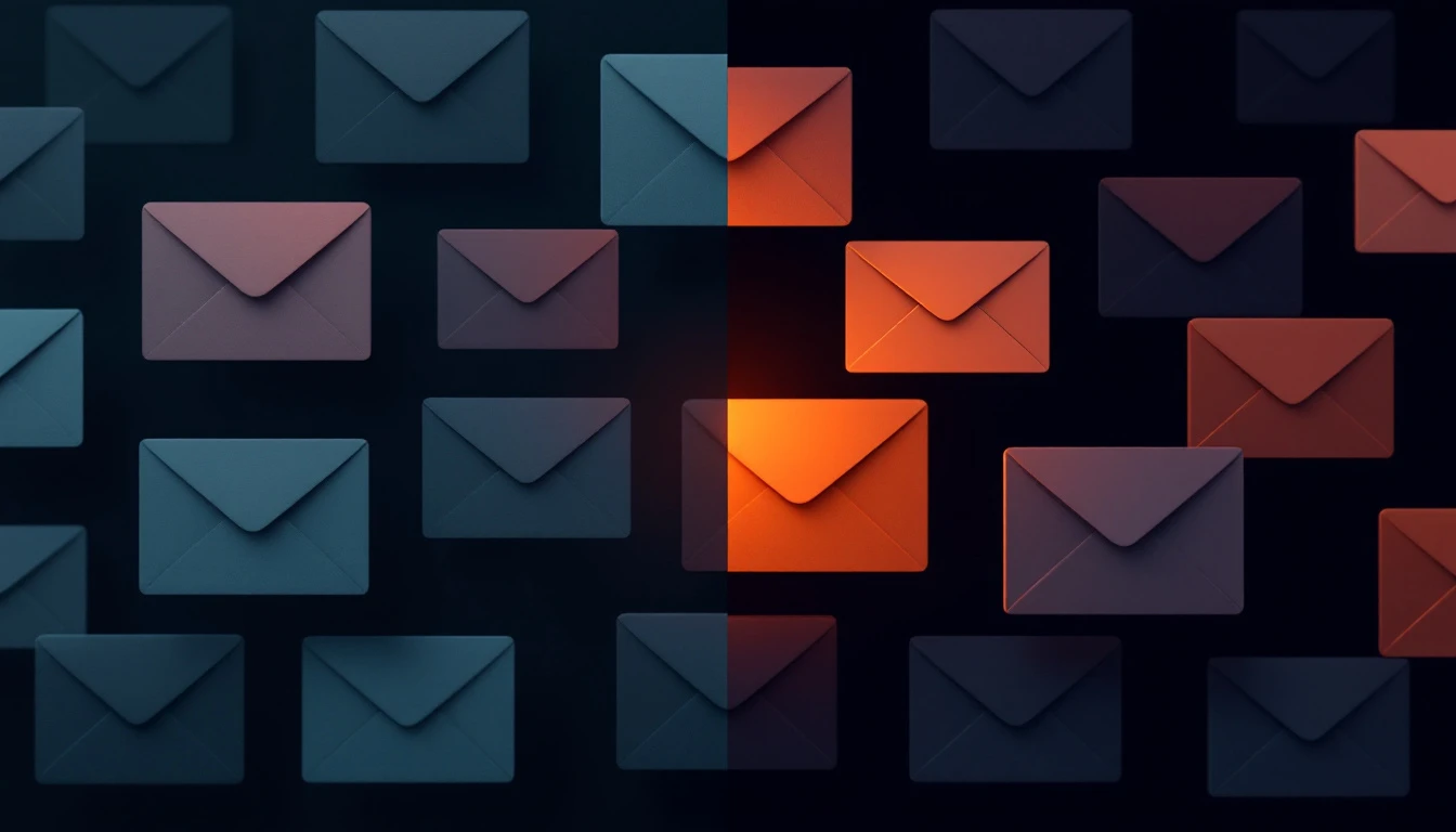 A grid of email cards shifting from plain grey to glowing on-brand teal and terracotta