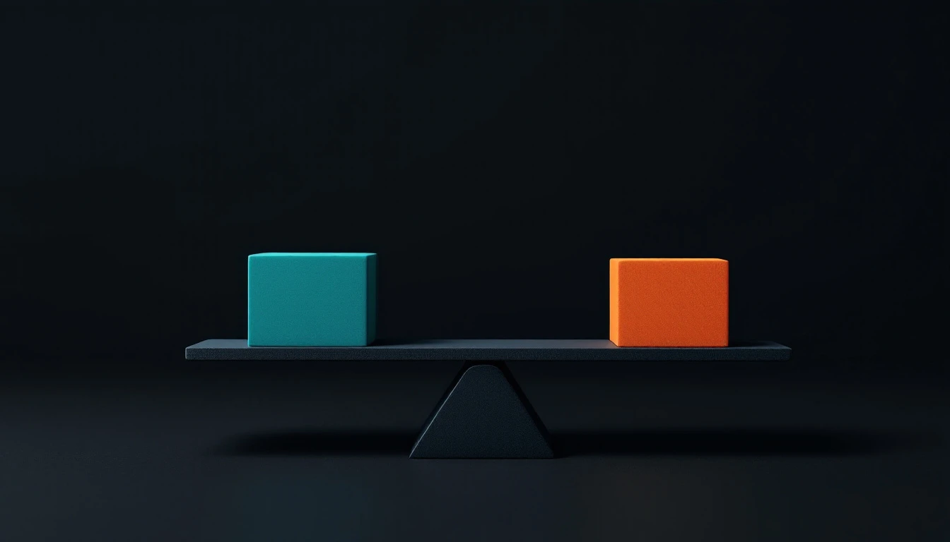 A matte balance scale weighing two blocks, in brand colours